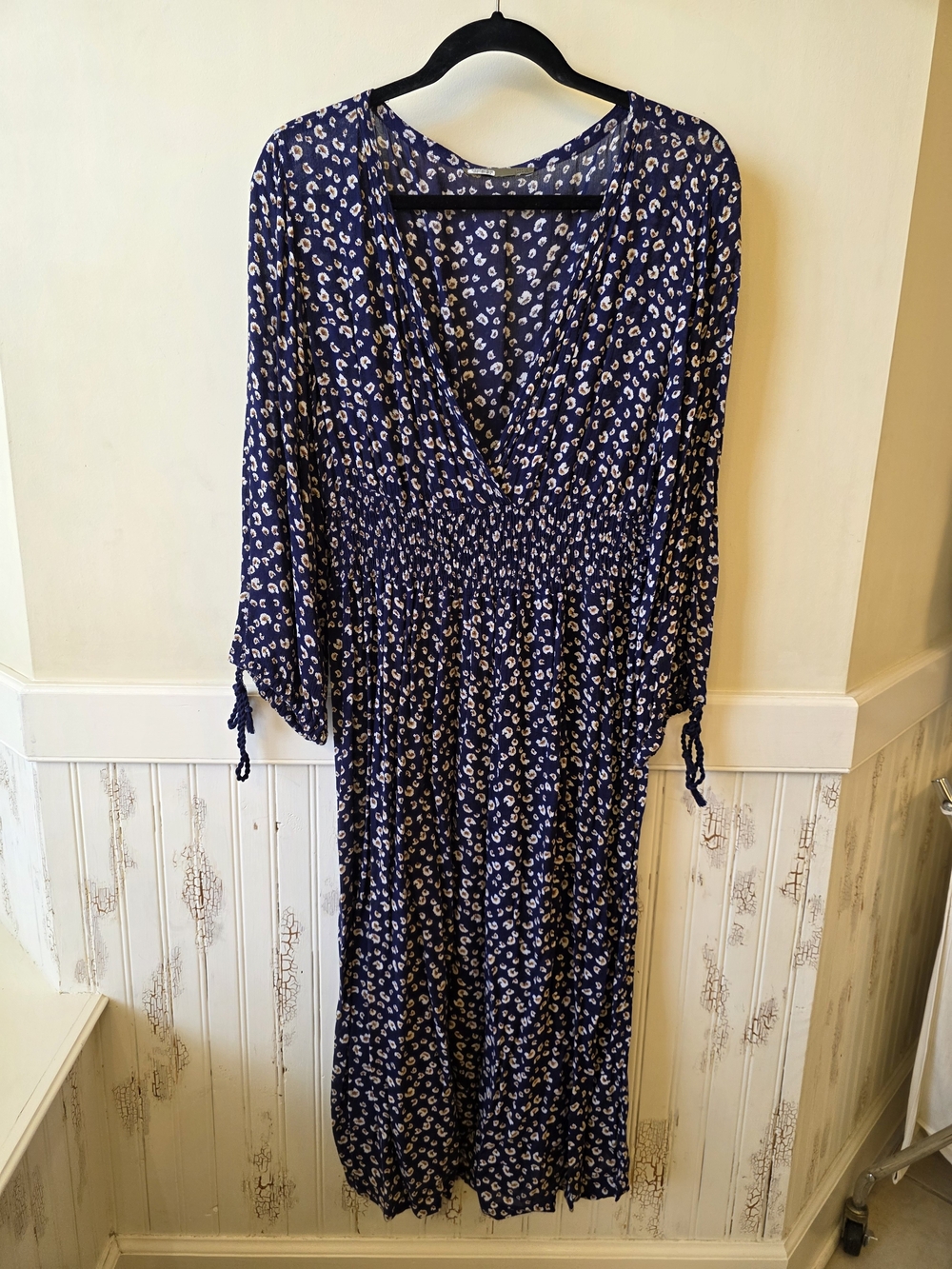 Women's Navy Floral Midi Dress with Smocked Waist